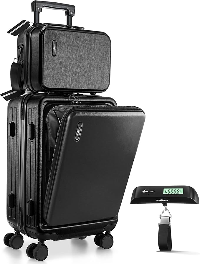 TRAVELARIM 22 Inch Carry On Luggage 22x14x9 Airline Approved, Small Carry On Suitcase, Hard-shell Carry-on Luggage with Wheels, Durable Black Luggage Carry-On with Cosmetic Case and Luggage Scale