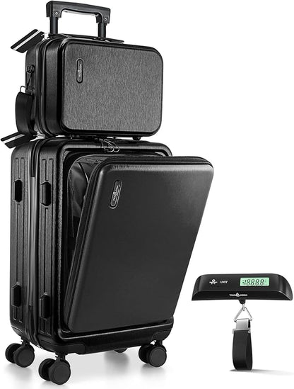 TRAVELARIM 22 Inch Carry On Luggage 22x14x9 Airline Approved, Small Carry On Suitcase, Hard-shell Carry-on Luggage with Wheels, Durable Black Luggage Carry-On with Cosmetic Case and Luggage Scale