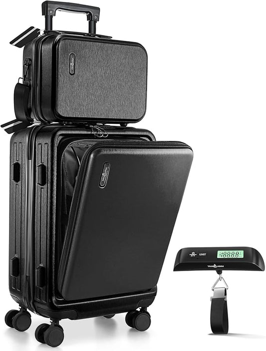 TRAVELARIM 22 Inch Carry On Luggage 22x14x9 Airline Approved, Small Carry On Suitcase, Hard-shell Carry-on Luggage with Wheels, Durable Black Luggage Carry-On with Cosmetic Case and Luggage Scale