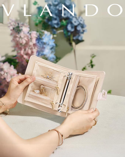 Vlando Travel Jewelry Organizer Case,Travel Gifts for Women,Portable Jewelry Storage Book Ring Binder with Clear Zipper Velvet Jewelry Pouch Bag-Pink