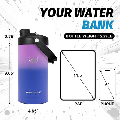 NATURE PIONEOR Insulated Water Bottles with Strap - 64 oz Stainless Steel Vacuum Wide Mouth Bottle with Holder/Carrier/Sleeve - 18/8 Food Grade 64oz Half Gallon Water Jug