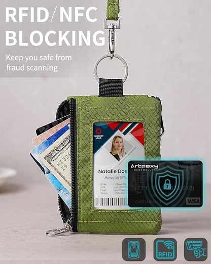 Minimalist Wallet For Mens Womens, Keychain RFID Blocking Zipper Small Wallet with ID Window 2 Lanyards,Water Resistant Travel Cash Card Coin Case Boys Girls