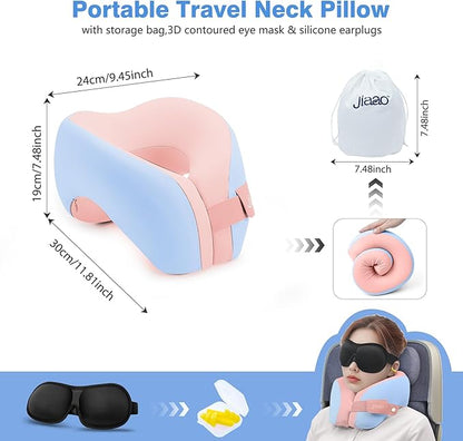 jiaao Neck Pillow Airplane, Memory Foam Travel Neck Pillows for Long Flight, 3D Eye Masks, Ear Plugs and Portable Drawstring Bag, Napping Pillow for Home, Road Trips, Sleep Rest and Travel Use