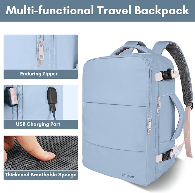 Taygeer Travel Backpack for Women, Carry On Backpack with USB Charging Port & Shoe Pouch, TSA 15.6inch Laptop Mochila Flight Approved, Nurse Bag Casual Daypack for Weekender Hiking, Powder Purple