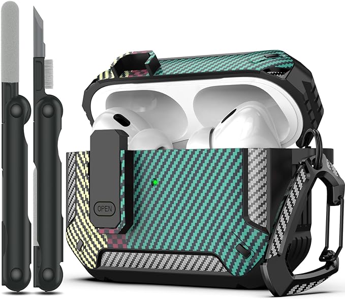 RFUNGUANGO for AirPods Pro 2nd Gen Case with Cleaning Kit, Military Hard Case Protective Armor with Lock, for AirPod Gen 2 Charging Case (2023/2022/2019, 2nd Gen/1st Gen), Carbon Fiber Green
