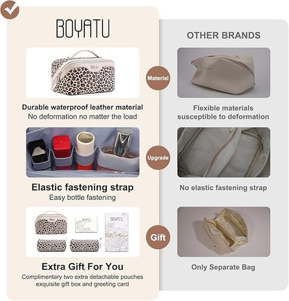 BOYATU Travel Makeup Bag for Women: 3 Pcs Set Portable Make up Bags with Handle - Leopard Print Cosmetic Bags with Comparments - Waterproof Vegan Leather Toiletry Bag (A-1-Beige)
