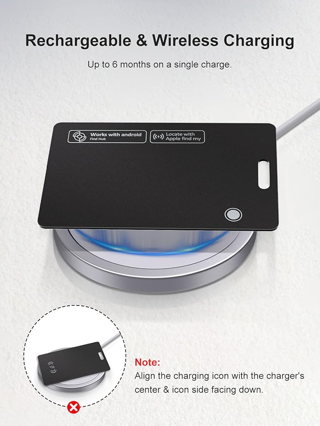 Tracking Card for Apple & Android, Credit Card Tracker for Wallet Works with Apple Find My & Google's Find Hub, Rechargeable Find My Wallet Card for Luggage, Passport, Purse, Bags