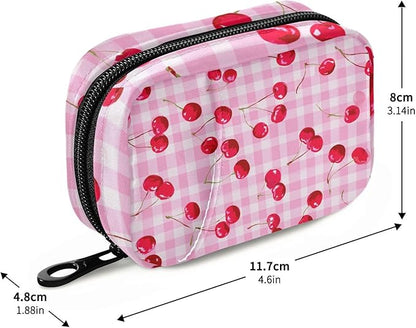 Pink Juicy Checkered Cherry Travel Pill Organizer Case Box Container Weekly Portable Vitamin Medicine Holder Storage Bag with Zipper Removable