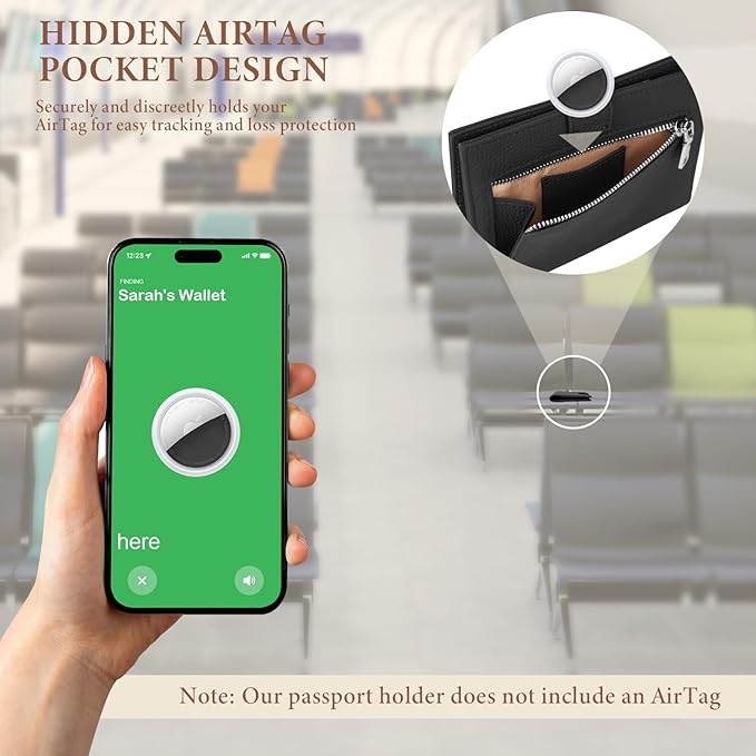 Genuine Leather Passport Holder for Women Men, Hidden Airtag Pocket, RFID Blocking, Zippered Coins Pocket & Cash Compartment Travel Gifts Essentials Passport Cover Case - Black