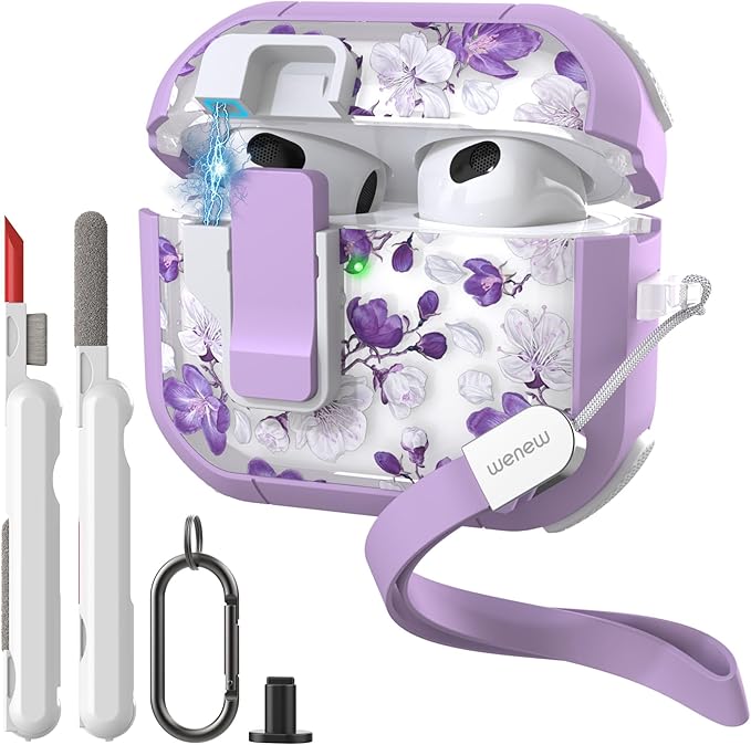 WENEW Case for AirPods 3 Case Cover Secure Lock Automatic Snap Switch Clip Cleaner Kit Lanyard Women Stylish Flower Armour Hard Shell Full Body Front LED Visible (Purple Flower, AirPods 3rd)