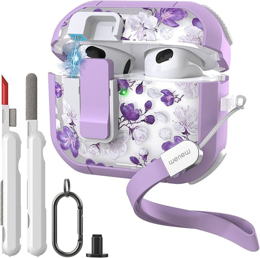 WENEW Case for AirPods 3 Case Cover Secure Lock Automatic Snap Switch Clip Cleaner Kit Lanyard Women Stylish Flower Armour Hard Shell Full Body Front LED Visible (Purple Flower, AirPods 3rd)