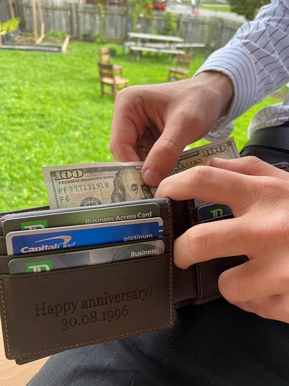 Generic, Personalized Wallet for Men, Dark Brown, Full-Grain Leather, RFID-Blocking, 11 Card Slots, Custom Gifts for Fathers Day