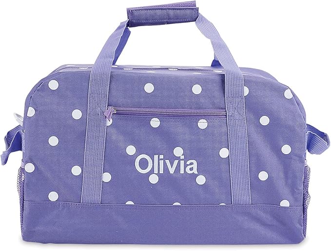 Lillian Vernon Personalized Duffel Bag for Kids, Roomy Purple and White Polka Dot Weekender With Front & Side Compartment, Customizable Girls Sports & Travel Bags With Custom Name, 9" x 10 ½" x 19"