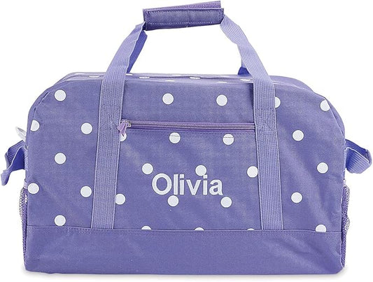 Lillian Vernon Personalized Duffel Bag for Kids, Roomy Purple and White Polka Dot Weekender With Front & Side Compartment, Customizable Girls Sports & Travel Bags With Custom Name, 9" x 10 ½" x 19"