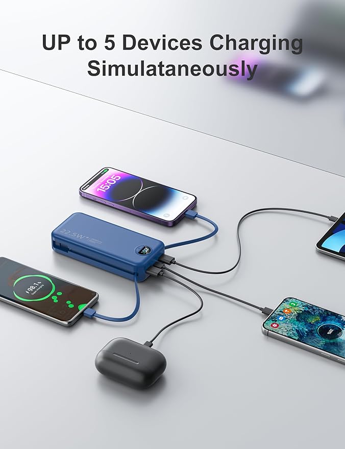 20000mAh Ultra-Portable-Charger-Power-Bank PD20W with Built in Cables&AC Wall Plug,Fast Charging Cell Phone Charger Battery Pack,LED Display Travel Battery Bank for All iPhone,Samsung,Android