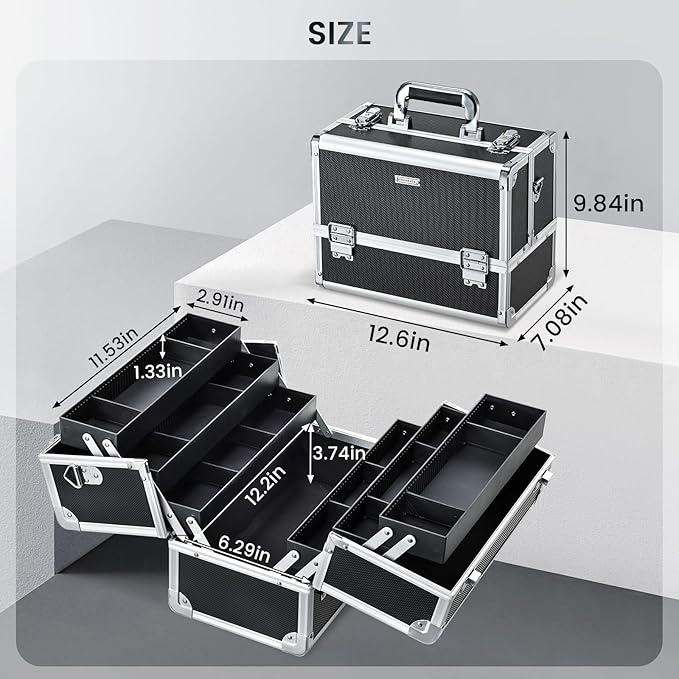 FRENESSA Makeup Train Case Makeup Case 12.6 Inch Large Cosmetic Box Organizer Travel Storage Professional Make Up Train Carrying Case with 6 Trays Locking Shoulder Strap Hard Vanity Storage Black