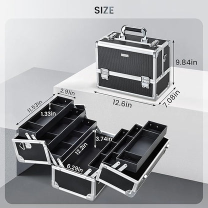 FRENESSA Makeup Train Case Makeup Case 12.6 Inch Large Cosmetic Box Organizer Travel Storage Professional Make Up Train Carrying Case with 6 Trays Locking Shoulder Strap Hard Vanity Storage Black