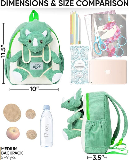 Naturally KIDS Green Dinosaur Backpack for Boys 4-5, Triceratops Dinosaur Gifts for 4-5 Year Old Boys, Girls, Toddler Backpack