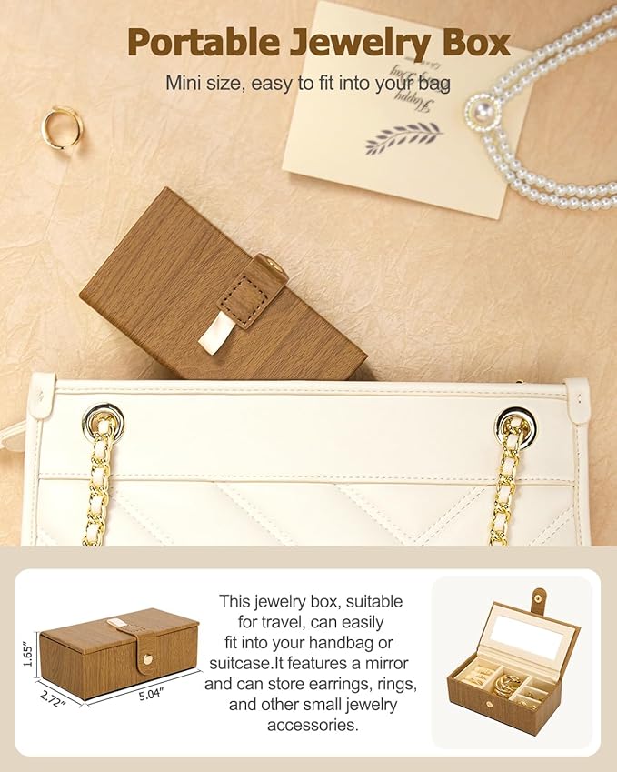 Homde 2 IN 1 Jewelry Box for Women Girls with Small Travel Case Mirror Necklace Ring Earrings Organizer - Christmas Gifts (Brown + Gold)