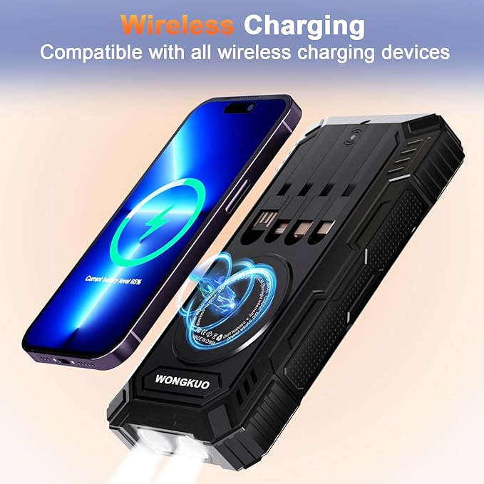 WONGKUO Solar Charger Power Bank - 49800mAh Solar Phone Charger with USB-C in/Output, QC 3.0 Fast Charging with LED Flashlight, Built-in 4 Cables, IP65 Waterproof Fits for Outdoor (Flash Black)