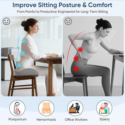 Donut Pillow with Lengthened Center Hole Suspends Tailbone & Sensitive Area, Relieves Pressure for Hemorrhoid and Coccyx Pain, Ergonomic Office & Car Seat Cushion for Prolonged Sitting