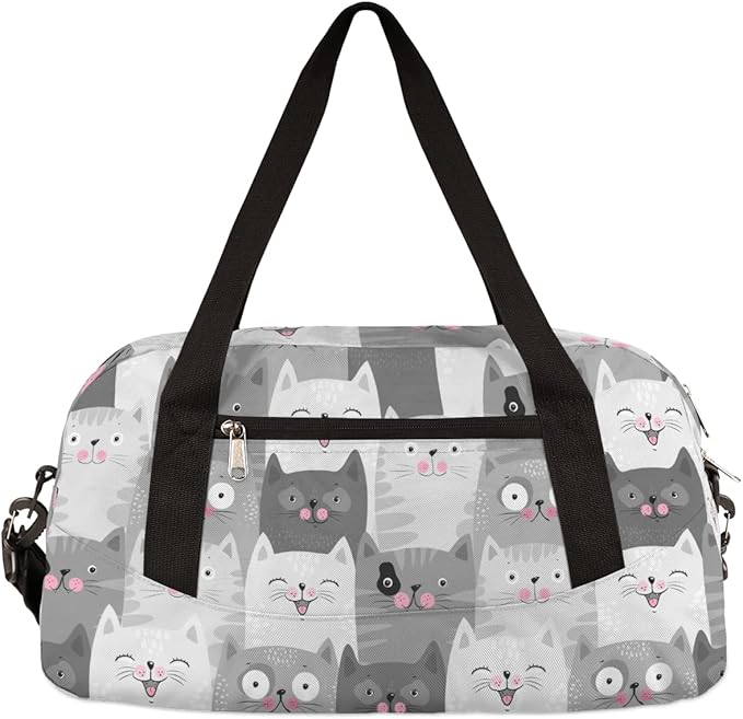 Cute Grey Cats Pattern Gym Duffle Bag for Kids,Sports Bag for Teens Boys & Girls Small Waterproof Overnight Weekender Carry School Practice Travel Bag