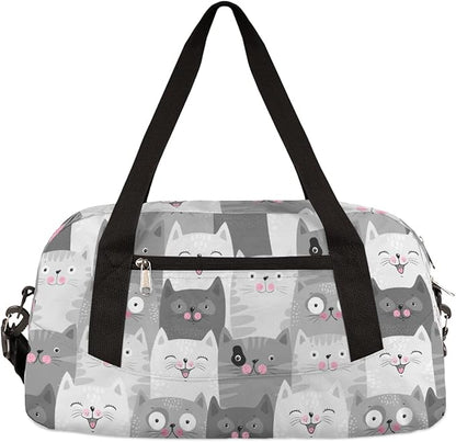 Cute Grey Cats Pattern Gym Duffle Bag for Kids,Sports Bag for Teens Boys & Girls Small Waterproof Overnight Weekender Carry School Practice Travel Bag