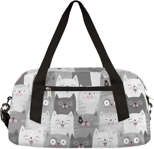Cute Grey Cats Pattern Gym Duffle Bag for Kids,Sports Bag for Teens Boys & Girls Small Waterproof Overnight Weekender Carry School Practice Travel Bag
