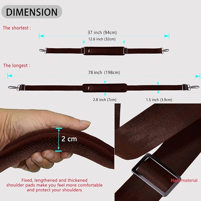 ZINZ Shoulder Strap 78" Universal Handbag Strap with Ultra-thick Fixed Padded and Dual Balanced Adjustable Buckles Shoulder Crossbody Strap for Briefcase Messenger Bag Laptop bag Luggage，Brown