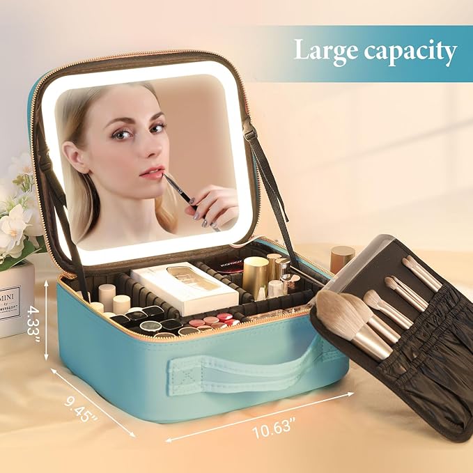 Travel Makeup Bag with LED Lighted Mirror, Cosmetic Makeup Organizer Bag with 3 Color Setting, Makeup Train Case with Adjustable Dividers for Women Makeup Brushes Jewelry Accessories