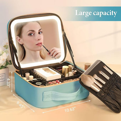 Travel Makeup Bag with LED Lighted Mirror, Cosmetic Makeup Organizer Bag with 3 Color Setting, Makeup Train Case with Adjustable Dividers for Women Makeup Brushes Jewelry Accessories