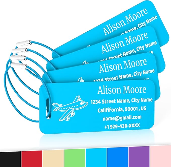 4 PCS Personalized Luggage Tags for Suitcases, Custom Aluminum Luggage Tags for Bags and Backpacks, Waterproof & Heavy Duty Personalized Metal Name Tags for Travel (Lake Blue)