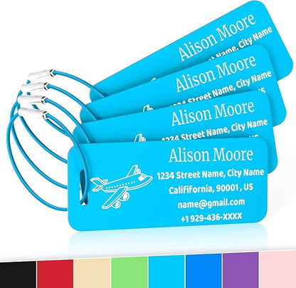 4 PCS Personalized Luggage Tags for Suitcases, Custom Aluminum Luggage Tags for Bags and Backpacks, Waterproof & Heavy Duty Personalized Metal Name Tags for Travel (Lake Blue)