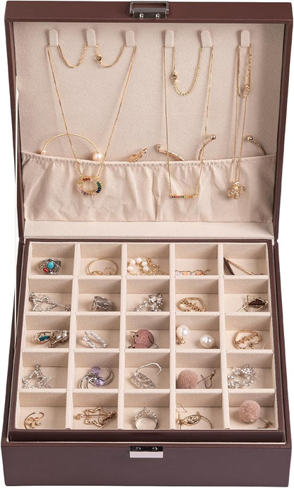Frebeauty Earring Organizer Classic Jewelry Box 50 Slots Double Layer Jewelry Storage Case with 6 Necklace Hook and Bracelet Pocket(Dark Brown)