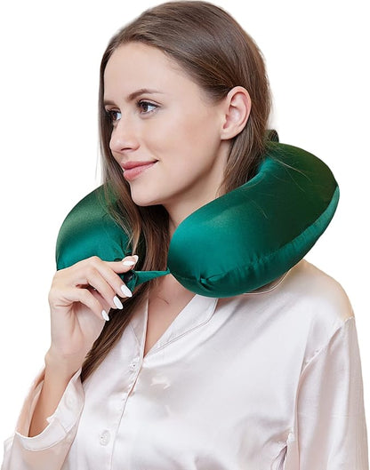 100% Mulberry Silk Neck Pillow for Travel 22 Momme Real Silk Travel Pillow for Pain Relief Sleeping, Silk Airplane Pillow, Anti Wrinkle Travel Pillow Made in USA (Emerald Green)