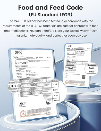 VAYDEER Metal Weekly Pill Organizer – Moisture-Proof Travel Pill Organizer with Built-in Desiccant Chamber and Airtight Lids – Large-Capacity Pill Box for Vitamins, Medicines & Supplements(Sliver)