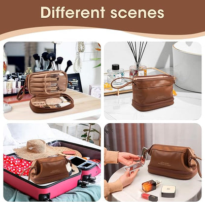 Abiudeng Large Capacity Makeup Bag Ladies Cosmetic Bag Travel Bag with Compartments Portable PU Leather Travel Makeup Bag with Handle
