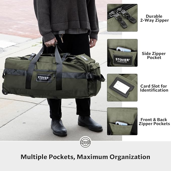 STOVER 100L Rolling Duffel Bag with Wheels, X-Large Durable Travel Duffle + Toiletry Bag, Heavy Duty, Packable with Shoulder Straps- Use as Luggage or Backpack, Men/Women (Green)