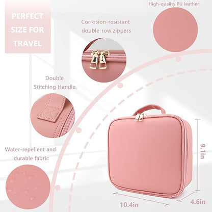 Travel Makeup Bag for Makeup Artists Large Makeup Case,with Mirror 3 Color Setting and Jewelry box Travel Makeup Bag,Portable Storage and Adjustable Dividers（pink）