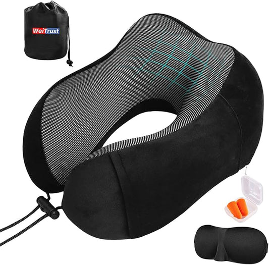 Travel Neck Pillow for Airplane, Memory Foam Travel Pillow for Long Flights & Car Rides - Ergonomic Support with Eye Mask & Ear Plugs