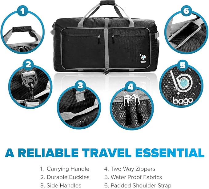 Bago Large Foldable Duffel Bags for Traveling Women & Men - 120L Packable Duffle Bag for Travel with Shoe Compartment - Water Repellant, Heavy Duty, Lightweight Folding & Collapsible (Black)