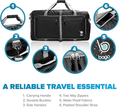 Bago Large Foldable Duffel Bags for Traveling Women & Men - 120L Packable Duffle Bag for Travel with Shoe Compartment - Water Repellant, Heavy Duty, Lightweight Folding & Collapsible (Black)