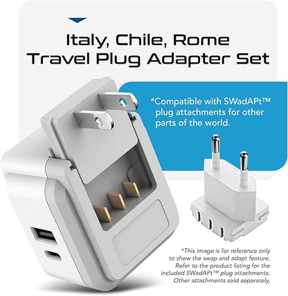 Ceptics World Travel Plug Adapter Set, Safe USB-C 3.0-2 USA Socket,30W PD & QC - Compact & Powerful - Use in Europe Includes Type A, B, C, E/F, G, I SWadAPt Attachments (PAK-30-WS)