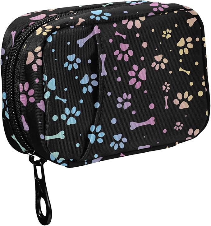 Fustylead Animal Paw and Bone Travel Pill Organizer Case Zipper for Purse with Removable Weekly Pill Box for Medicine, Vitamin, Supplement Medicine Organizer