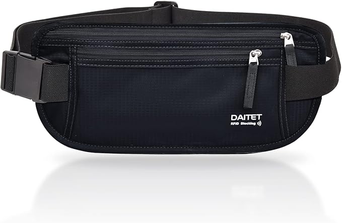 RFID Blocking Money Belt for Men Women, Slim Fanny Pack For Travel，Running,Conceal Waist Wallet For Passport Holder,Phone,Cash(Dark Black)