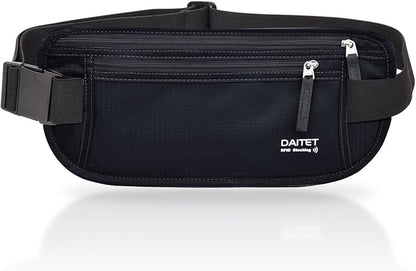 RFID Blocking Money Belt for Men Women, Slim Fanny Pack For Travel，Running,Conceal Waist Wallet For Passport Holder,Phone,Cash(Dark Black)