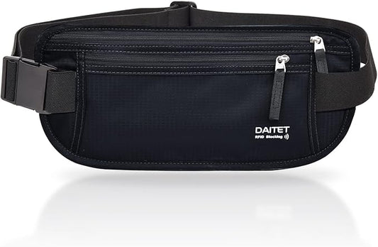 RFID Blocking Money Belt for Men Women, Slim Fanny Pack For Travel，Running,Conceal Waist Wallet For Passport Holder,Phone,Cash(Dark Black)