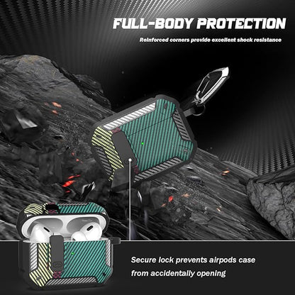 RFUNGUANGO for AirPods Pro 2nd Gen Case with Cleaning Kit, Military Hard Case Protective Armor with Lock, for AirPod Gen 2 Charging Case (2023/2022/2019, 2nd Gen/1st Gen), Carbon Fiber Green