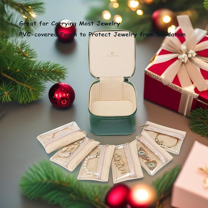 Vlando Small Travel Jewelry Box Organizer -6 Small Carry-on Zipped Pouches for Jewelries Necklaces Rings Earrings Necklace Sorting Storage, Dark Green