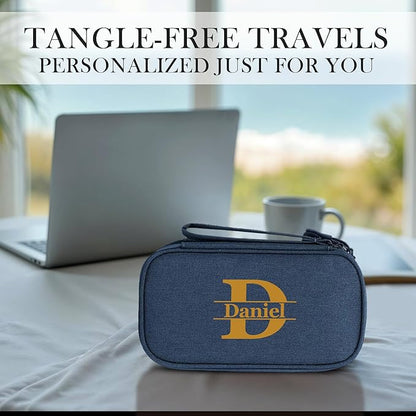 Personalized Electronics Organizer Travel Case Navy – Custom Name Compact Cable Storage Bag for Chargers, Cords, USB Flash Drives, Waterproof Tech Pouch for Travel, Business, Daily Organizer - Navy